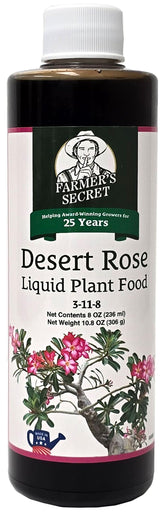 Farmer's Secret Desert Rose liquid fertilizer bottle delivering targeted bloom and trunk growth.