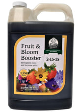 Farmer’s Secret Fruit & Bloom Booster bottle pour feeds fruiting plants for vibrant blooms.