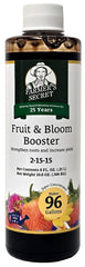 Farmer's Secret Fruit & Bloom Booster bottle pour shows easy application for fruiting and blooms.