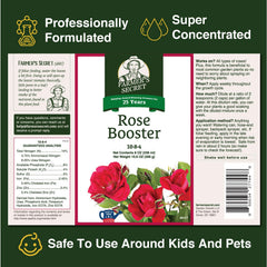 Farmer's Secret Rose Booster bottle label highlights high concentration for efficient garden feeding