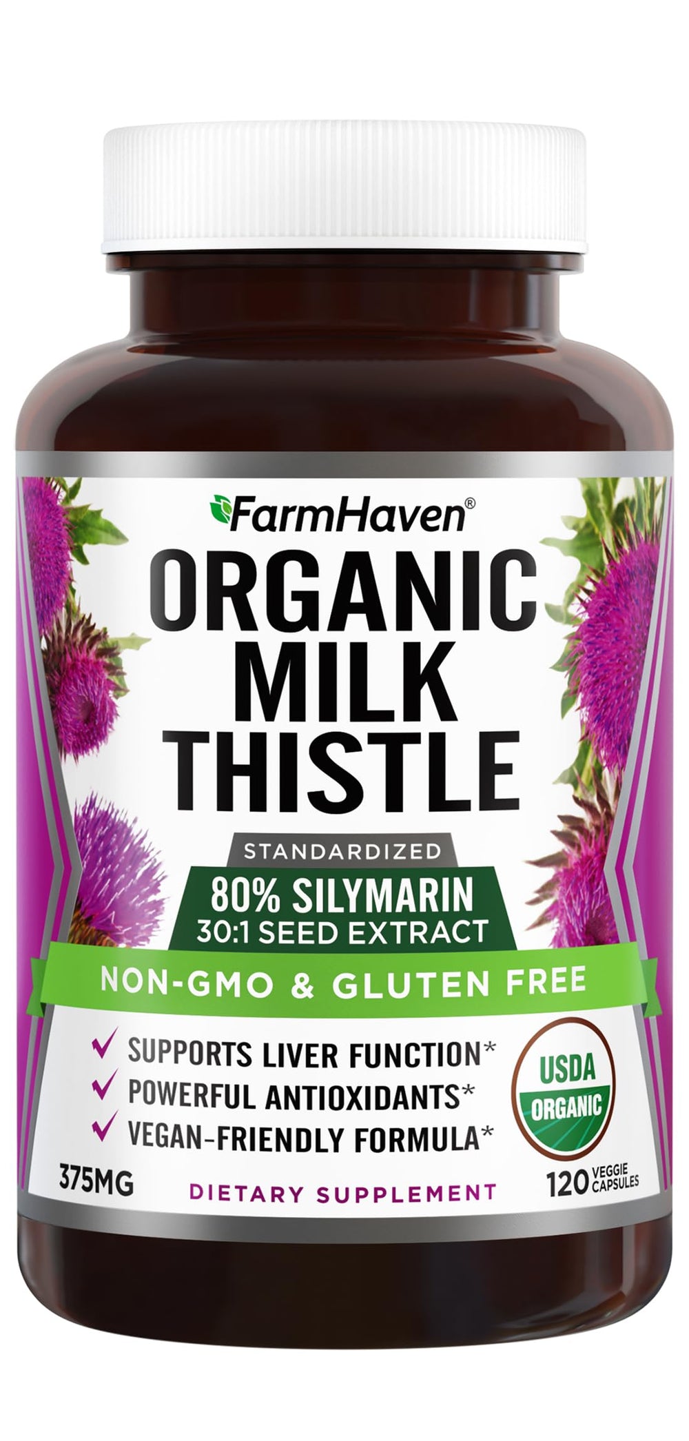 FarmHaven Milk Thistle capsules bottle showing potent 30:1 extract for daily wellness.