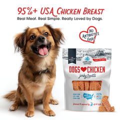 Farmland Traditions chicken jerky close-up highlights USA-raised chicken.