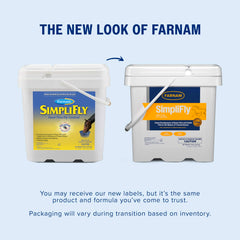 Farnam SimpliFly 10 lb bucket shown for daily feeding program.