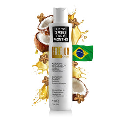 Fashion Gold Keratin bottle front: premium at-home smoothing benefits.