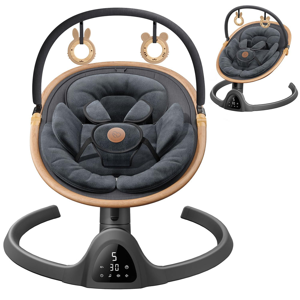 FasonBaby baby swing with wood-grain design enhances nursery aesthetics