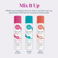 FDS Intimate Deodorant Spray Shower Fresh bottle close-up shows light, refreshing scent for daily wear.