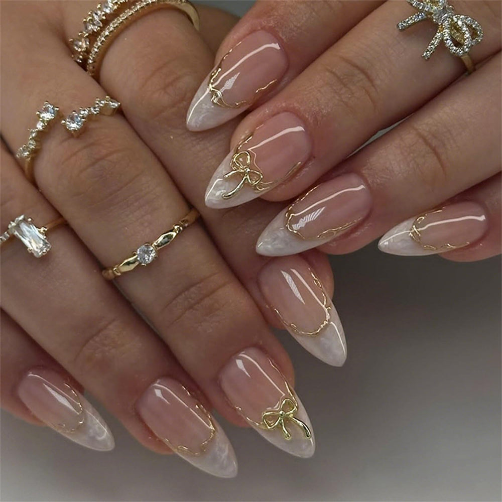 FDSQHSA white French tip almond press-on nails with a 3D bow for elegant daily wear.