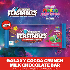 Feastables Galaxy candy crunch crisp, vivid pink, yellow, purple stardust for playful texture.