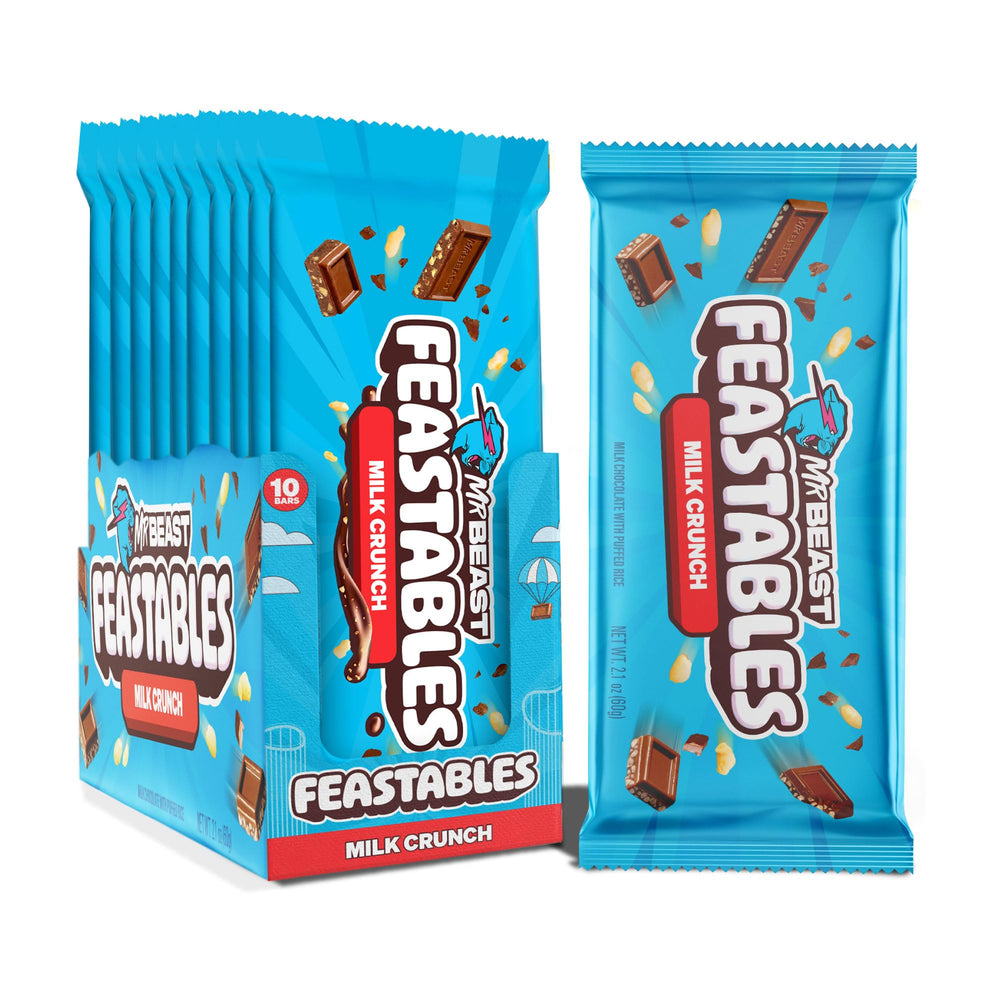 Feastables MrBeast Milk Chocolate Crunch Bar box and bars on table for snacking.