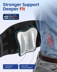 FEATOL back brace showing dual-side lumbar pad for customizable cushioning.