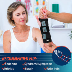 Removable metal splint and fixed plastic inserts provide firm wrist support