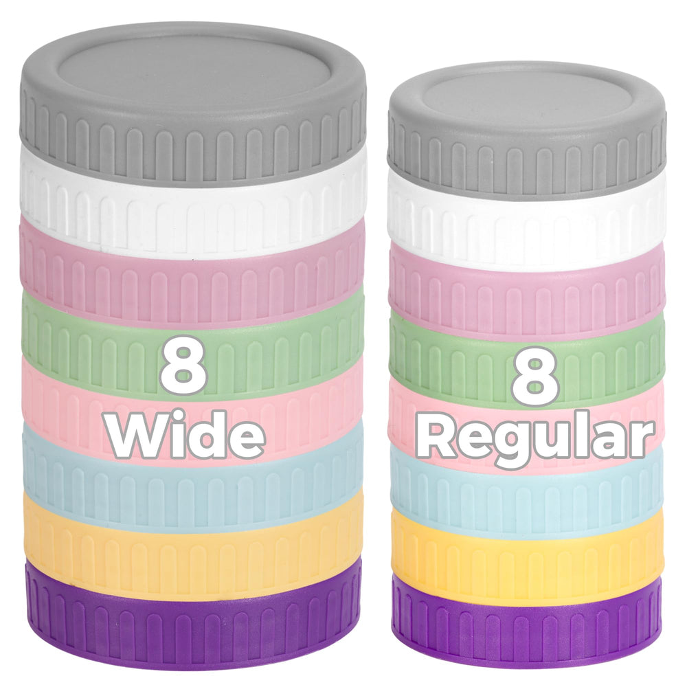 FEBABACI wide-mouth mason lids 8-pack in Nordic colors, stackable for organized jars.