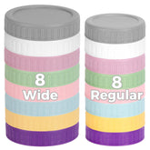 FEBABACI wide-mouth mason lids 8-pack in Nordic colors, stackable for organized jars.