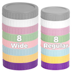 FEBABACI wide-mouth mason lids 8-pack in Nordic colors, stackable for organized jars.