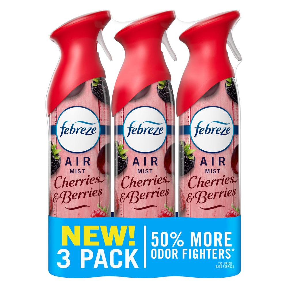 Febreze Air Mist Cherry and Berries bottle close-up delivering instant freshness