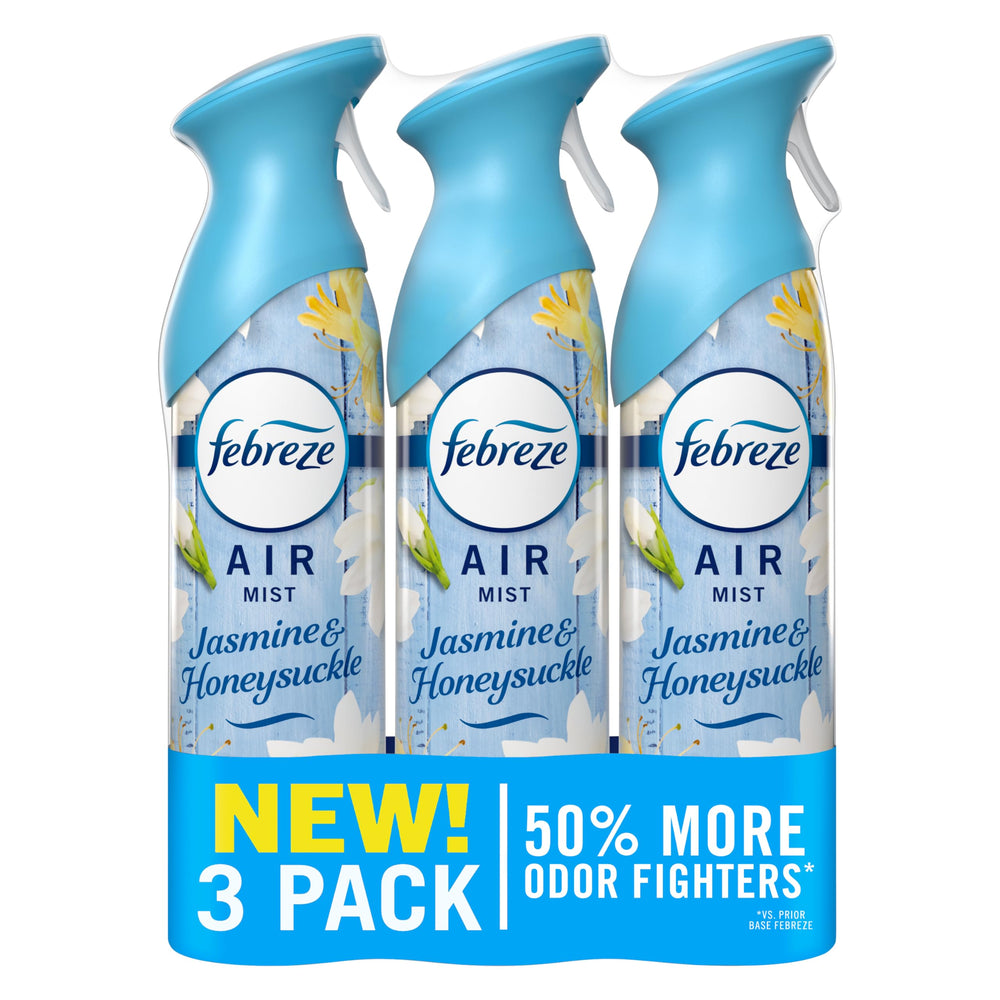 Febreze Air Mist Jasmine Honeysuckle bottle pour delivers fast odor control in any room.