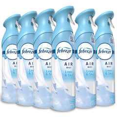 Febreze Air Mist Linen & Sky spray bottle releasing a fresh odor-neutralizing scent in any room