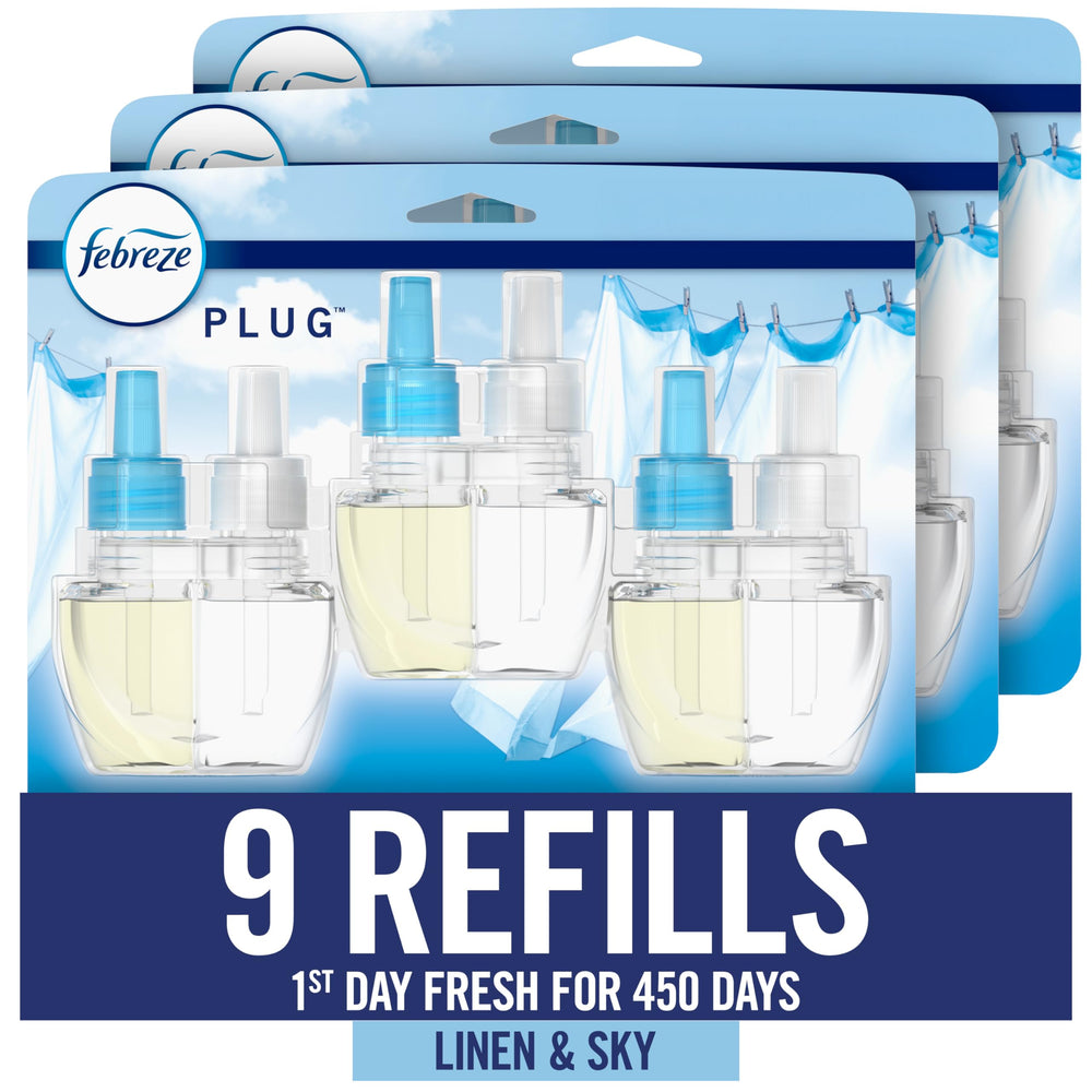 Febreze Fade Defy Plug refill Linen & Sky 9-count for long-lasting freshness in rooms.