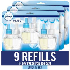 Febreze Fade Defy Plug refill Linen & Sky 9-count for long-lasting freshness in rooms.