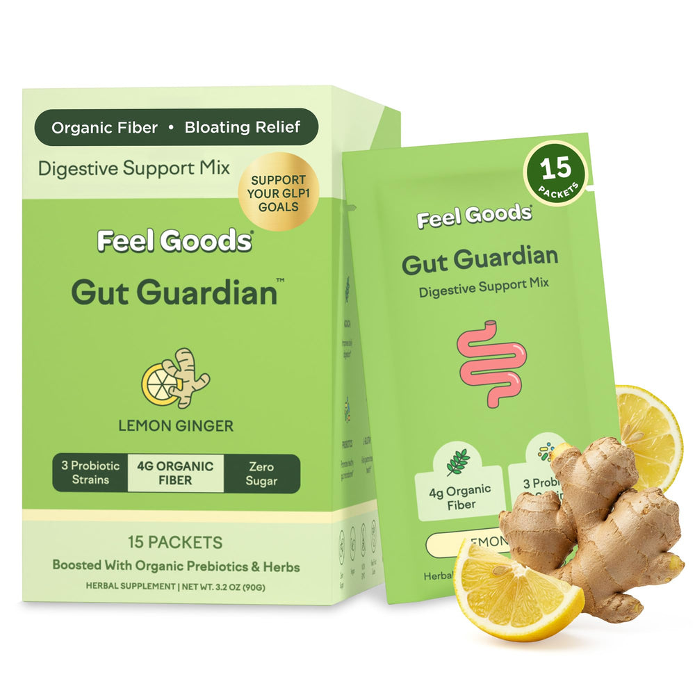 Feel Goods Gut Guardian box packaging illustrates convenient single-serve sticks for on-the-go digestion support.