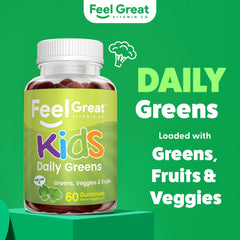Closeup of Feel Great Super Green Gummies showing chewable texture for picky eaters.
