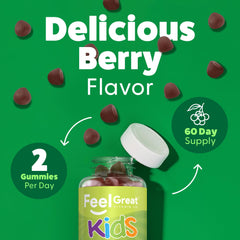 Visual showing Feel Great Super Green Gummies for daily 1–2 gummies for kids aged 4+.