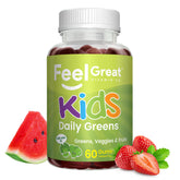 Feel Great Super Green Gummies bottle with watermelon flavor supports kids' veggie intake.