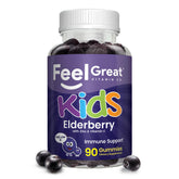 The Feel Great Vitamin Co. elderberry gummies for kids bottle promotes daily immune support.