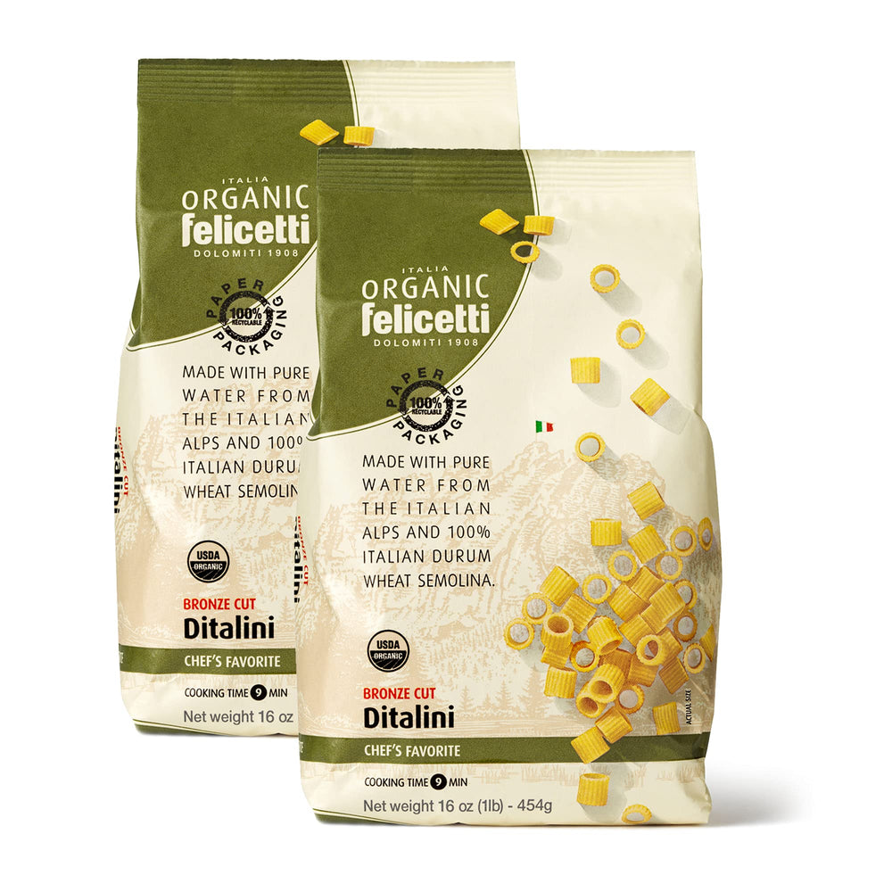 Felicetti Organic Ditalini Pasta packaging highlights legacy and quality.