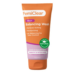 FemiClear Soothing Daily Wash bottle front showing gentle, pH-balanced care for sensitive skin.