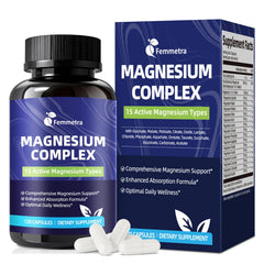 Femmetra Magnesium Complex bottle front shows the 15-in-1 formula for daily wellness.