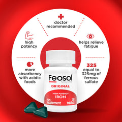 Feosol Original bottle front emphasizing trusted USA-made iron supplement.