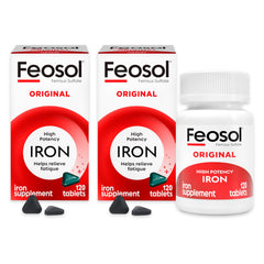 Feosol Original iron tablet closeup highlighting high potency for daily energy support.