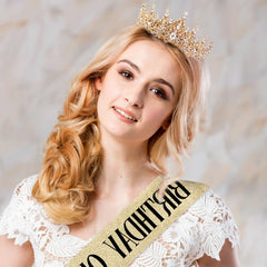 Fesciory birthday sash with gold glitter complements the crown for a celebratory queen vibe