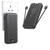 FFNPua portable charger with built-in cables and wall plug for travel-ready power.