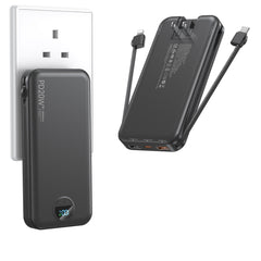 FFNPua portable charger with built-in cables and wall plug for travel-ready power.