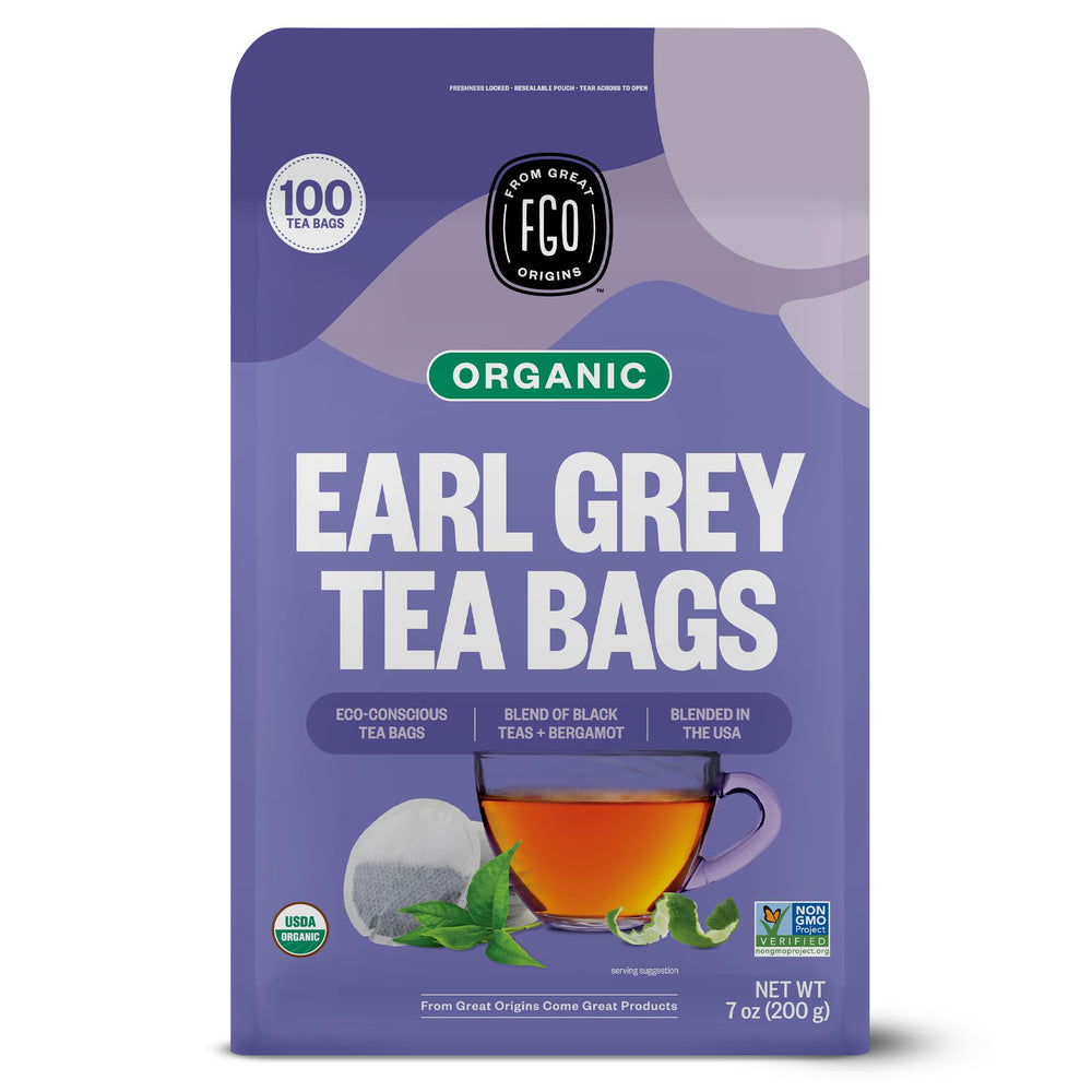 FGO Organic Earl Grey tea bags close-up highlighting premium blend aroma.