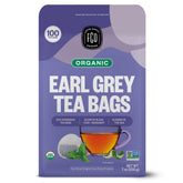 FGO Organic Earl Grey tea bags close-up highlighting premium blend aroma.
