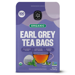 FGO Organic Earl Grey tea bags close-up highlighting premium blend aroma.