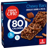 Fiber One 80 Calorie bar with chocolate caramel and pretzel drizzle—great for mindful snacking.