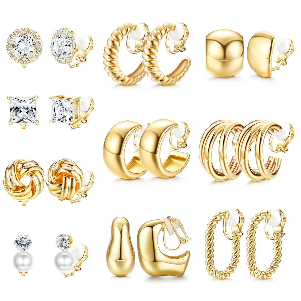 FIBO STEEL clip-on earrings variety pack, 10 stylish designs for everyday wear