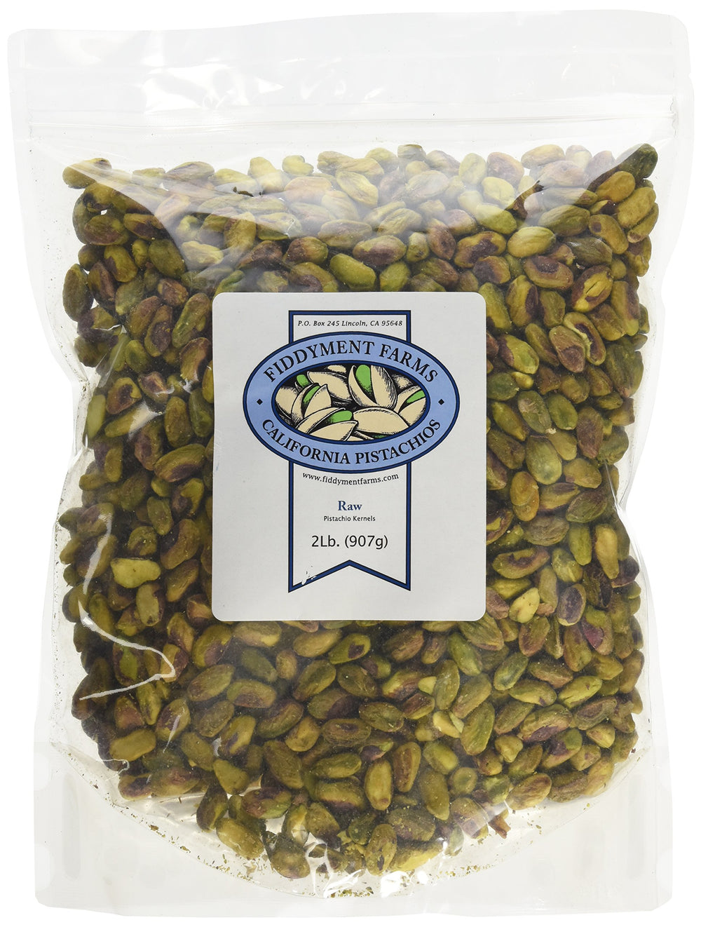 Fiddyment Farms raw pistachio kernels in a resealable bag, gluten-free snack option.