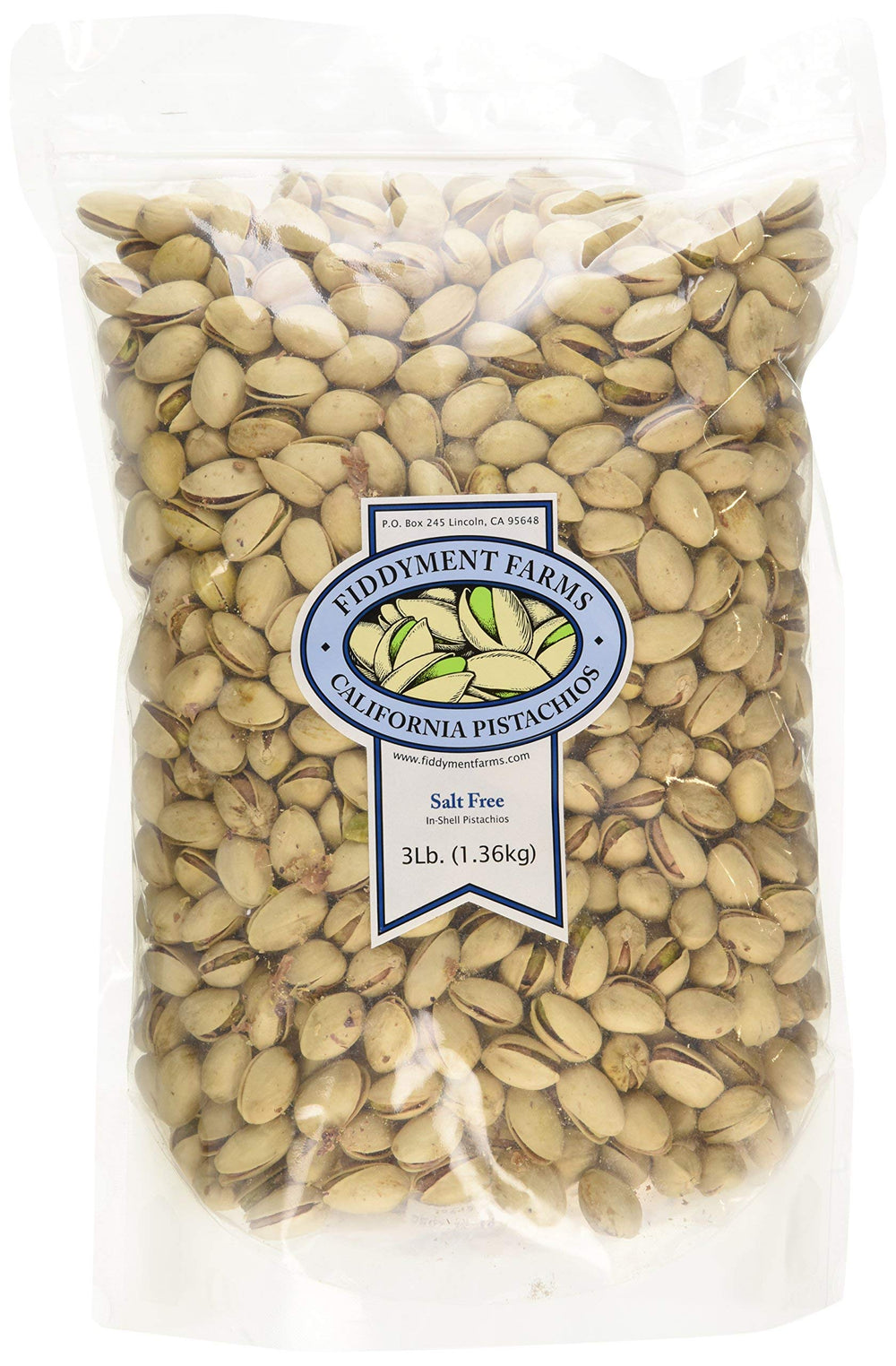 Fiddyment Farms unsalted in-shell pistachios, California-grown, ideal for snacking or gifting.