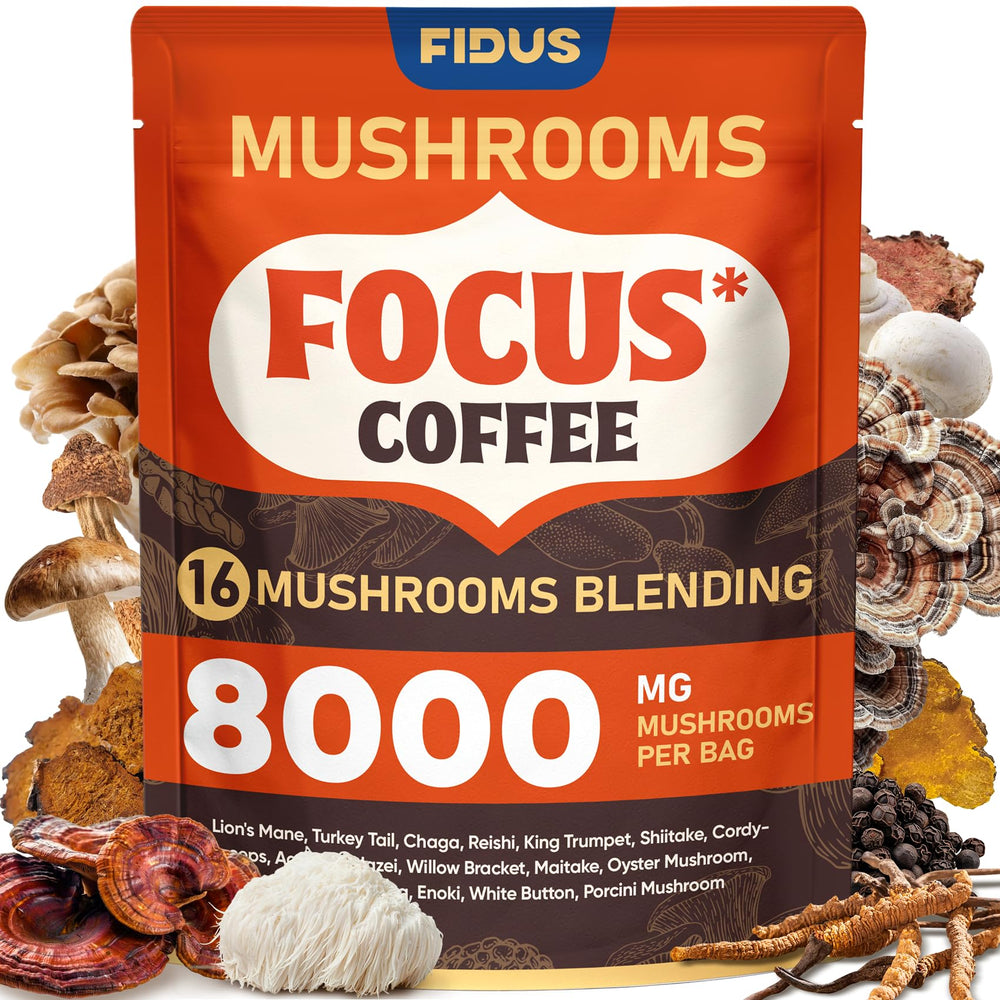 Fidus 16 in 1 mushroom coffee bottle front view supports daily focus and energy