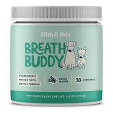Fifth & Fido Breath Buddy powder in a tin highlighting natural ingredients for fresh breath