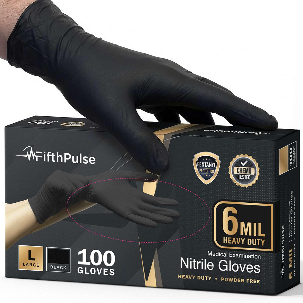 FifthPulse 6 Mil Black Nitrile Gloves pack shown for daily use and protection