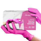 FifthPulse fuchsia nitrile gloves, 200-pack, bright color for quick selection and allergy safety.