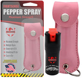 FIGHTSENSE pepper spray with pink leather pouch for quick personal safety.