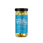 Filthy Food blue cheese stuffed olives in a jar front for premium cocktail garnish.