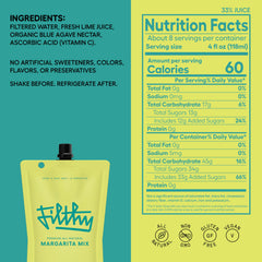 Close-up of Filthy Food margarita mix label showing all-natural ingredients and non-GMO promise